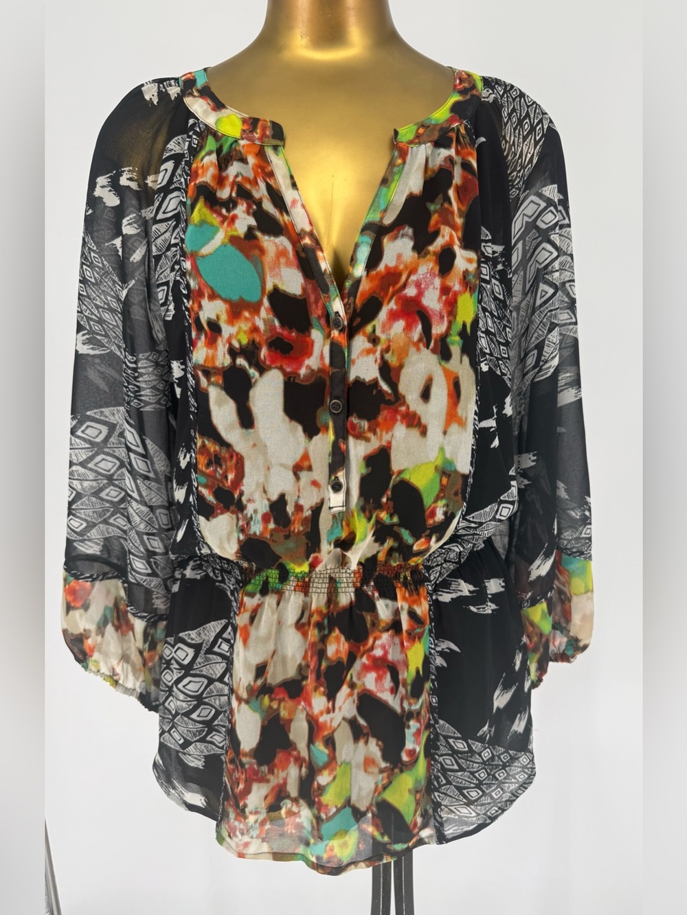 Calvin Klein Black Multi Abstract Sheer Tunic Blouson Sleeve XLl